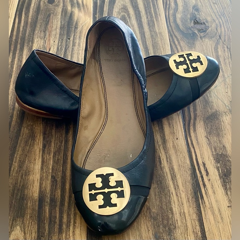 Tory Burch Black Flats with Gold Emblem